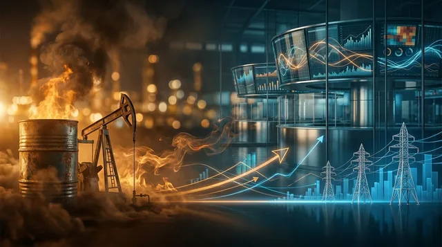 A dramatic split-scene composition showing an oil derrick or barrel with flames/rising smoke on one side, casting a warm orange glow that transitions into a stock market trading floor or financial chart display on the other side.