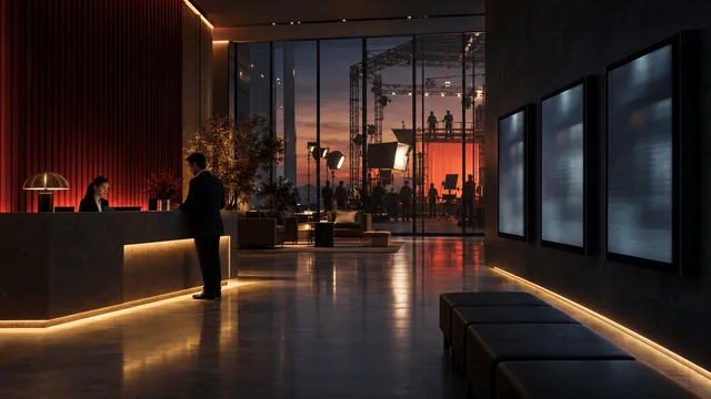 A modern media company interior split between a warmly lit lobby and a wall of dim, underperforming digital advertising screens, with a production stage visible in the background.