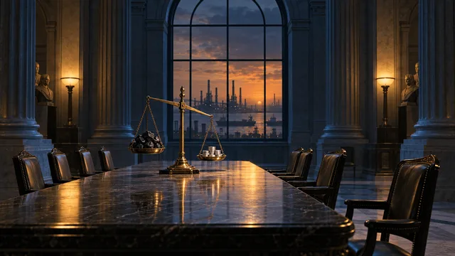 An empty grand committee room with nine chairs—six tucked in, three pulled back—around a stone table holding a tilted brass scale weighing coal against silver coins, with refinery towers visible through a window at dusk.