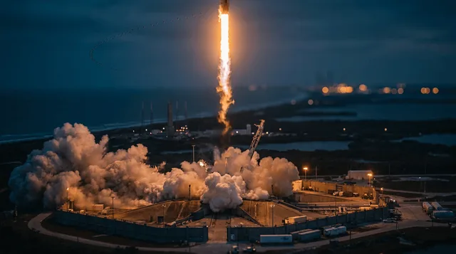 A powerful nighttime rocket launch frozen mid-flight, with the Falcon 9 booster's engines blazing bright orange against a deep twilight sky, streaking upward from a coastal launch pad with billowing exhaust clouds below.
