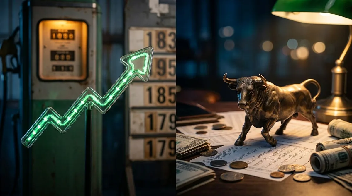 A split-scene composition showing a bold upward-trending stock chart in vibrant green against a backdrop of rising price tags or a fuel pump, visually capturing the tension between soaring inflation and resilient market gains.