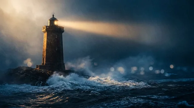 A lone lighthouse standing firm and illuminating a clear path through dark, stormy seas, with turbulent waves crashing around its base while its beam cuts sharply through the fog. The contrast between the chaos of the surrounding storm and the steady, unwavering light source visually captures the idea of identifying strength amid market weakness. The dramatic lighting and isolation of the lighthouse immediately convey resilience and selective focus — finding the signal in the noise.