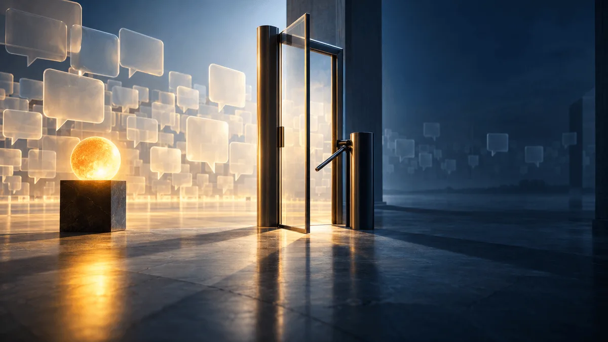 A glass turnstile doorway stands in a plaza, warmly lit on the near side with a glowing ember light, opening into a dim, cooler space filled with faint overlapping speech-bubble silhouettes fading into the distance.