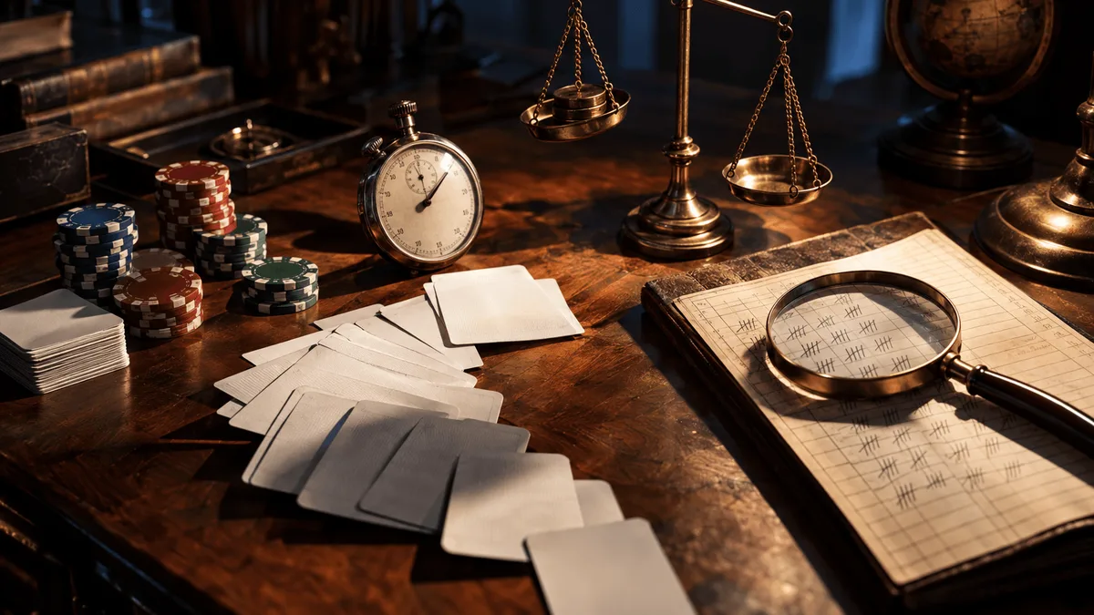 A wooden trading desk viewed from above, cluttered with a scattered deck of blank playing cards fanned out mid-shuffle, a stopwatch frozen at a few seconds, and a stack of poker chips knocked slightly askew as if just pushed forward.