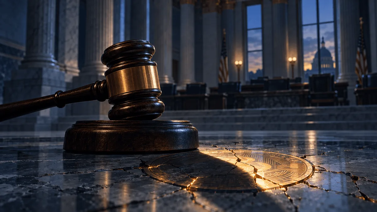 A gavel casts a shadow over a cracked, glowing digital coin embedded in a marble Senate floor, with empty chamber seats blurred in the background.