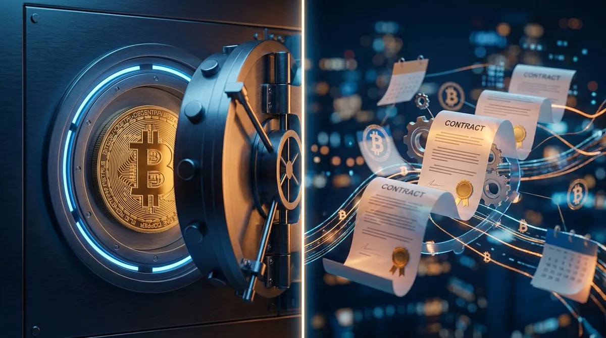 A split-screen composition showing two distinct visual metaphors side by side: on one half, a physical golden Bitcoin coin locked inside a sleek, glowing vault or safe, representing direct spot ownership; on the other half, an abstract web