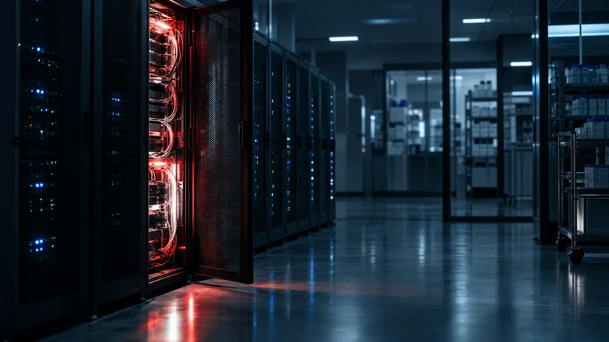 A dim data-storage room in a medical laboratory, with one server rack slightly open and glowing red amid rows of otherwise calm blue-lit equipment, symbolizing a security breach.