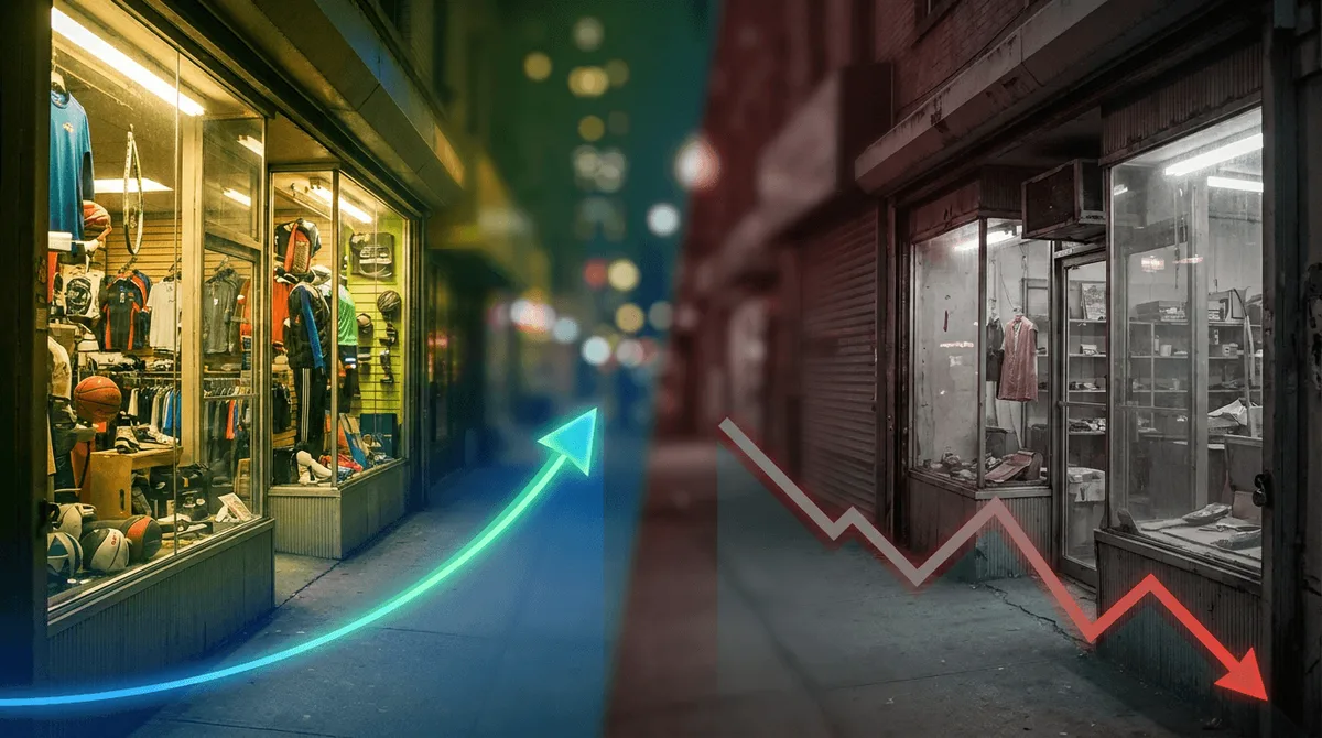 A split-composition image showing two contrasting store storefronts side by side: a bright, thriving DICK'S Sporting Goods store with an upward arrow or ascending graph line overlay, next to a dimmer, struggling Foot Locker storefront with