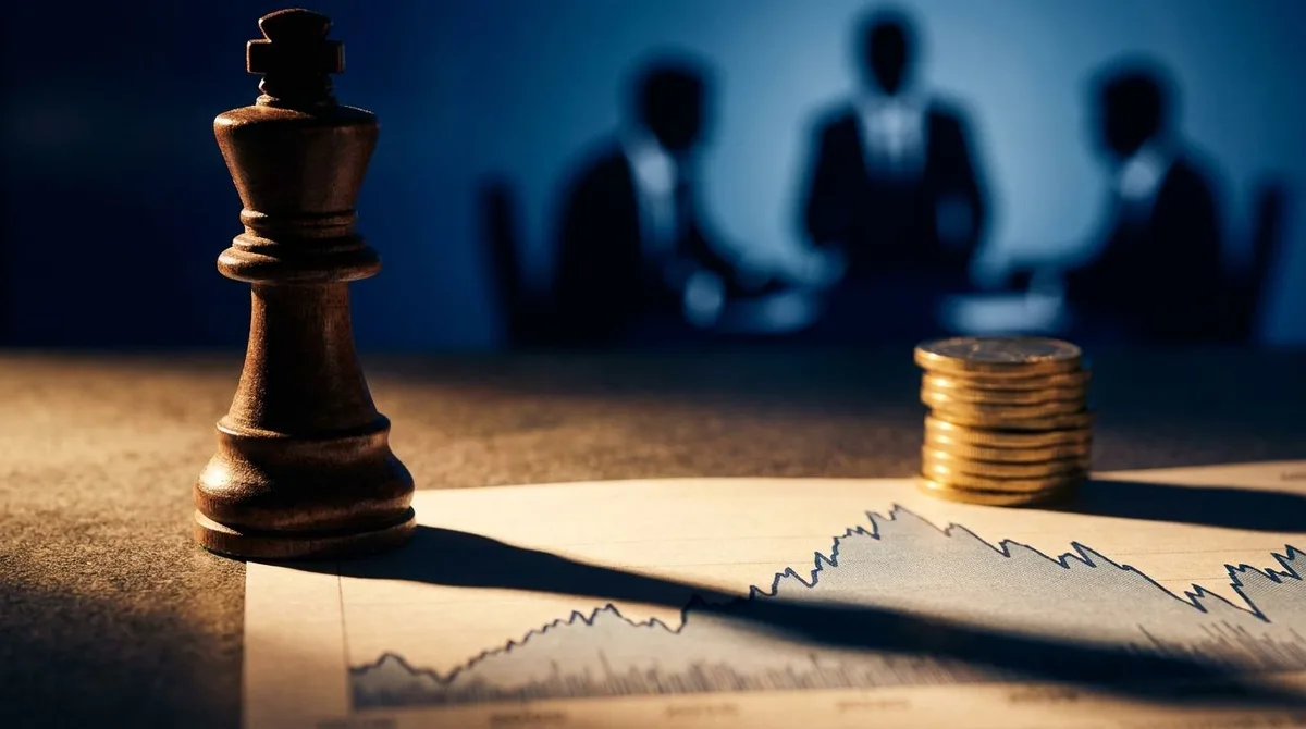 A sharp, high-contrast image of a large chess piece (king or queen) casting a shadow over a stock market chart, with gold coins or currency stacked nearby to symbolize real money being committed. In the background, blurred silhouettes of suited figures suggest powerful, elite players making moves behind the scenes. The overall mood is strategic and insider-focused, conveying the idea that watching where big money actually flows matters more than listening to market chatter.