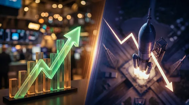 A split-composition image showing a rising stock market chart or ticker board with an upward green arrow on one side, contrasted against a dramatic aerial view of a rocket mid-launch with a downward trajectory overlay on the other.