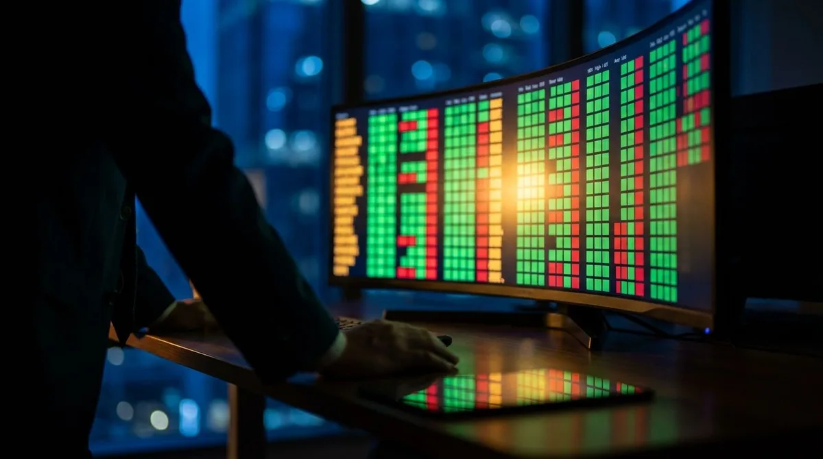 A close-up, dramatic view of a financial trading screen displaying a glowing options chain matrix, with green call columns on the left and red put columns on the right, casting colorful light in a dark environment.