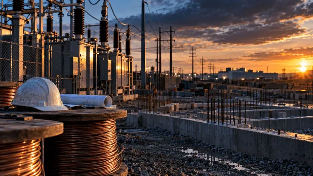 A weathered steel electrical substation at dusk, its transformers and coiled copper cables glistening with dew, sits beside a half-finished concrete foundation where rebar still pokes through fresh gravel.