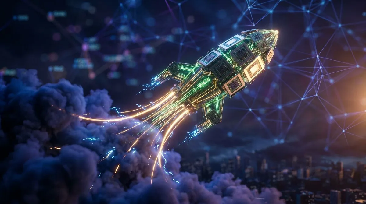 A dramatic upward-trending rocket or arrow made of glowing GPU chips and circuit board patterns, bursting through a dark cloud layer into a bright, electric sky filled with data streams and neural network nodes.