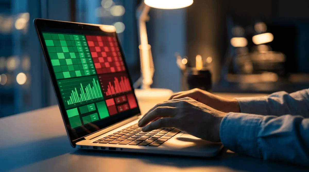 A close-up shot of a trader's hands hovering over a laptop keyboard, with a glowing screen displaying a colorful grid of numbers, green and red columns, and financial data representing an options chain interface.