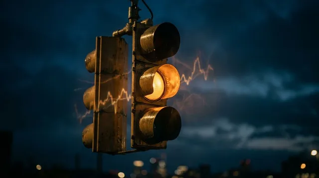A lone traffic signal hanging in a dark, moody sky displays a single amber/yellow caution light glowing intensely, surrounded by subtle stock chart line patterns faintly reflected in the background. The signal light casts a warm, tense glow against a deep blue-black atmosphere, evoking the feeling of being suspended at a critical decision point. The composition captures the essence of watchful waiting — neither green nor red, but hovering at the edge of something significant.