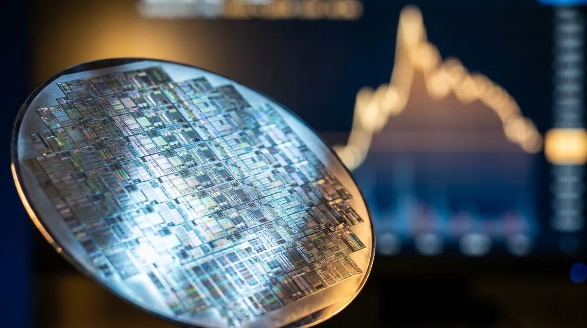A dramatic close-up of a massive circular silicon wafer — roughly the size of a dinner plate — gleaming with intricate circuit patterns under sharp, cool blue and silver lighting, symbolizing Cerebras' flagship Wafer Scale Engine processor.