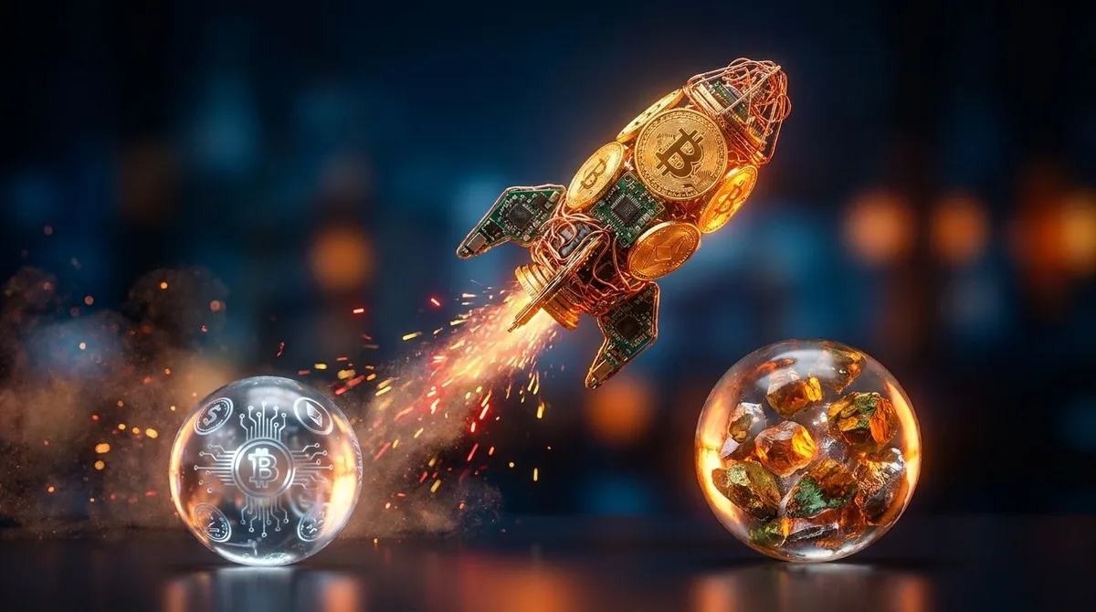 A dramatic upward-shooting rocket made of glowing gold coins and circuit board elements blazes through a dark sky, leaving a fiery trail behind it.