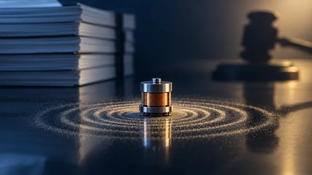 A precision haptic actuator component sits at the center of a dark reflective surface, surrounded by fine radiating ripples in dust, with a blurred stack of paper documents and a faint gavel reflection in the background.