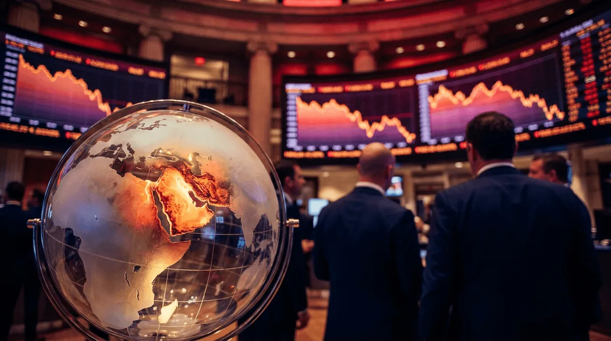 A dramatic wide-angle shot of the New York Stock Exchange trading floor bathed in deep red ambient lighting, with traders in tense postures surrounded by glowing screens displaying downward-trending charts and ticker symbols.