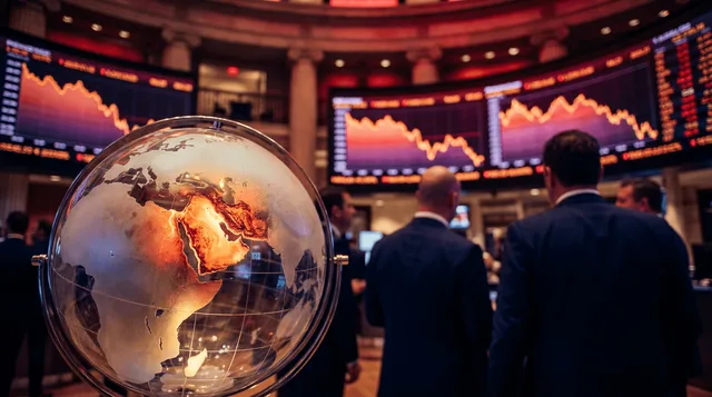 A dramatic wide-angle shot of the New York Stock Exchange trading floor bathed in deep red ambient lighting, with traders in tense postures surrounded by glowing screens displaying downward-trending charts and ticker symbols.