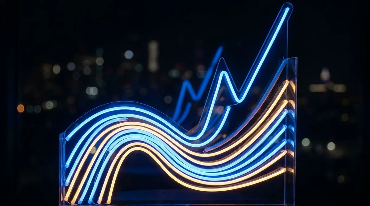 A dark financial chart fills the frame, showing a stock price line dramatically breaking upward through a tight, compressed band formation, with the upper and lower bands visibly squeezing together before the explosive move.