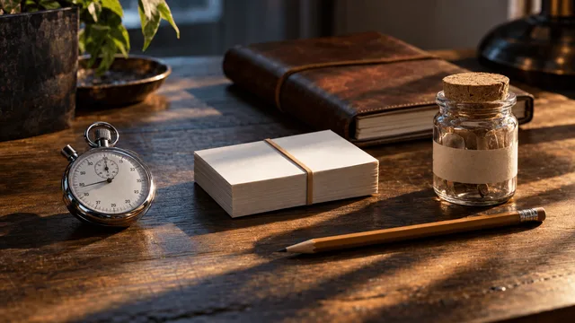 A clean wooden desk holds a mechanical stopwatch, a stack of blank index cards bound with a rubber band, a sharpened pencil, and a small corked glass jar labeled only with a plain strip of masking tape, arranged beside a closed leather note