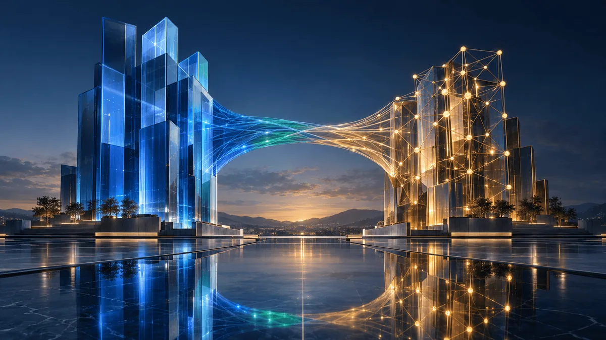 Two large abstract architectural structures—one cool blue glass tower and one warm amber node lattice—leaning toward each other and merging via a bridge of light over a reflective floor, symbolizing a corporate acquisition.