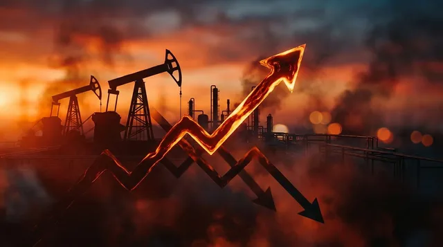 A dramatic aerial view of oil derricks or refinery infrastructure silhouetted against a fiery, smoke-filled orange and red sky, evoking both energy production and Middle Eastern conflict.