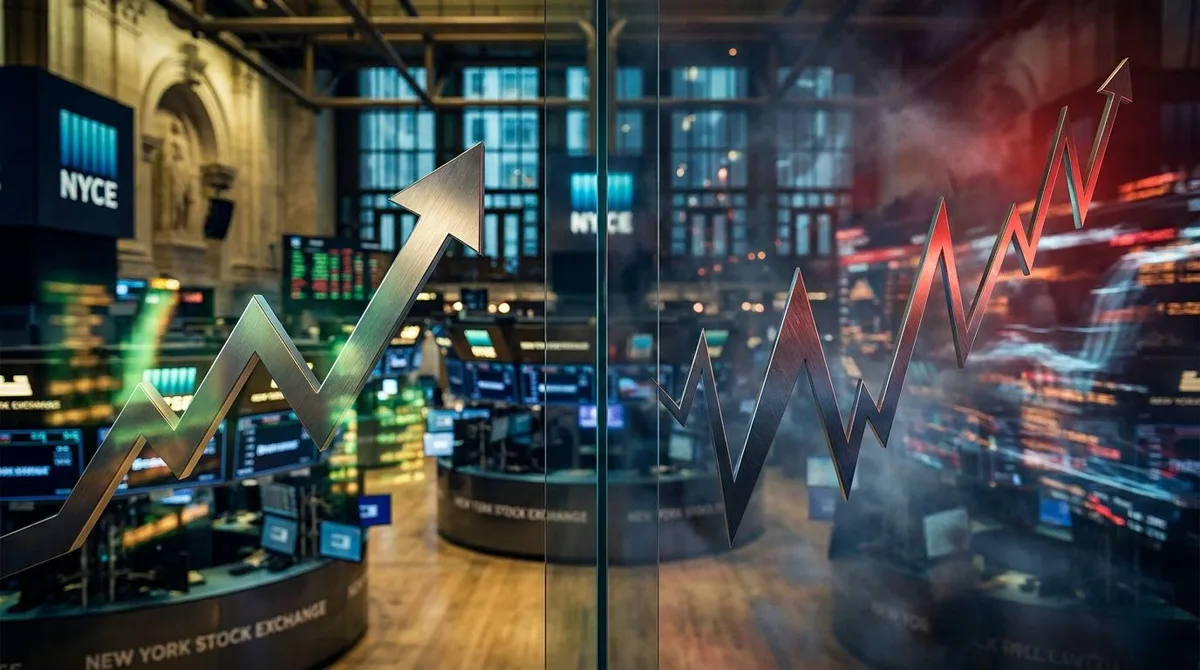 A dramatic split-screen composition showing the New York Stock Exchange trading floor bathed in green upward-trending light on one side, contrasting with stormy red market volatility on the other.