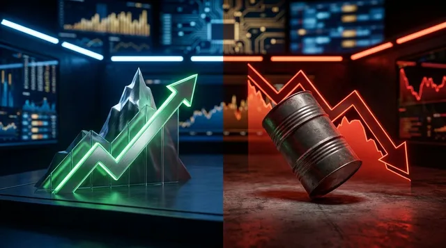 A dramatic split-screen composition showing a glowing green upward arrow and rising stock chart lines on one side, bathed in cool blue-white tech light, contrasted against a downward-trending red oil barrel on the other side.