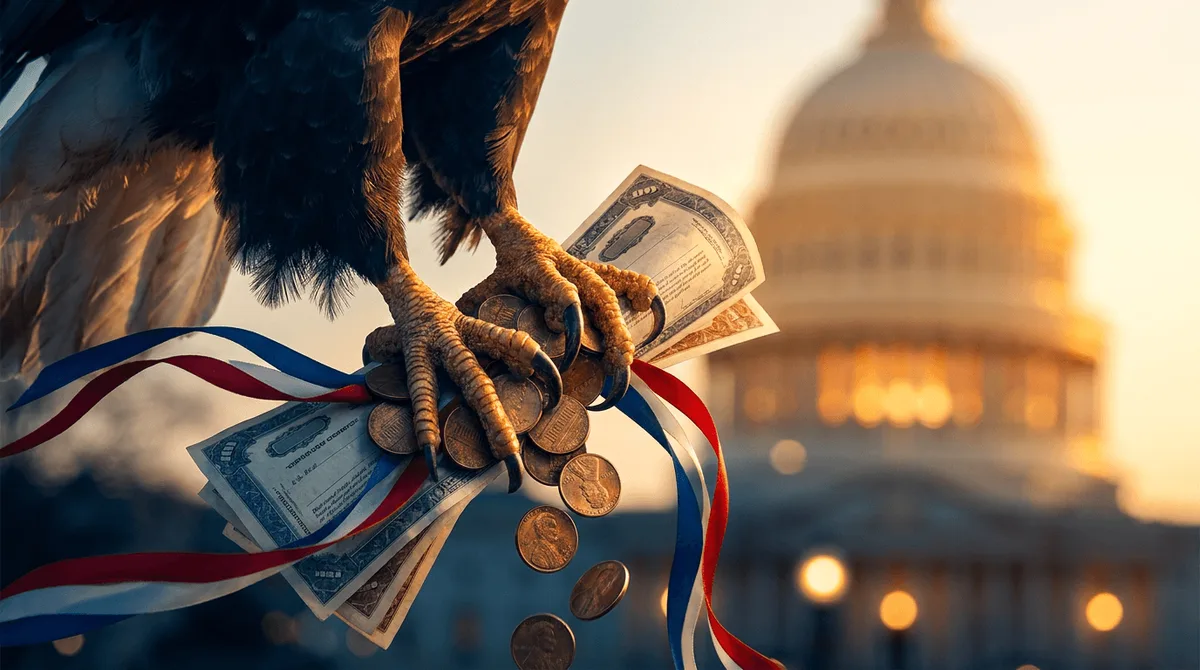 A bald eagle clutches a fistful of penny coins and stock certificates in its talons, set against the backdrop of the US Capitol building with dramatic golden light radiating outward.