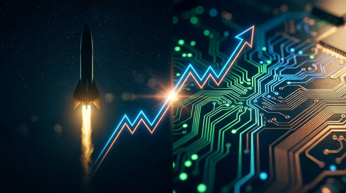 A dramatic split-screen composition showing a sleek SpaceX rocket launching against a starry sky on one side, and a glowing AI neural network or circuit board pattern on the other, with a bold stock chart line cutting diagonally across both
