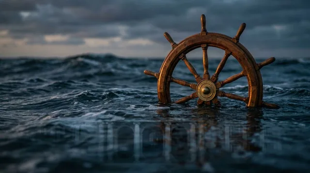 A stern, authoritative figure stands at the helm of a massive ship's wheel, navigating through choppy, uncertain waters under a dramatic, overcast sky.