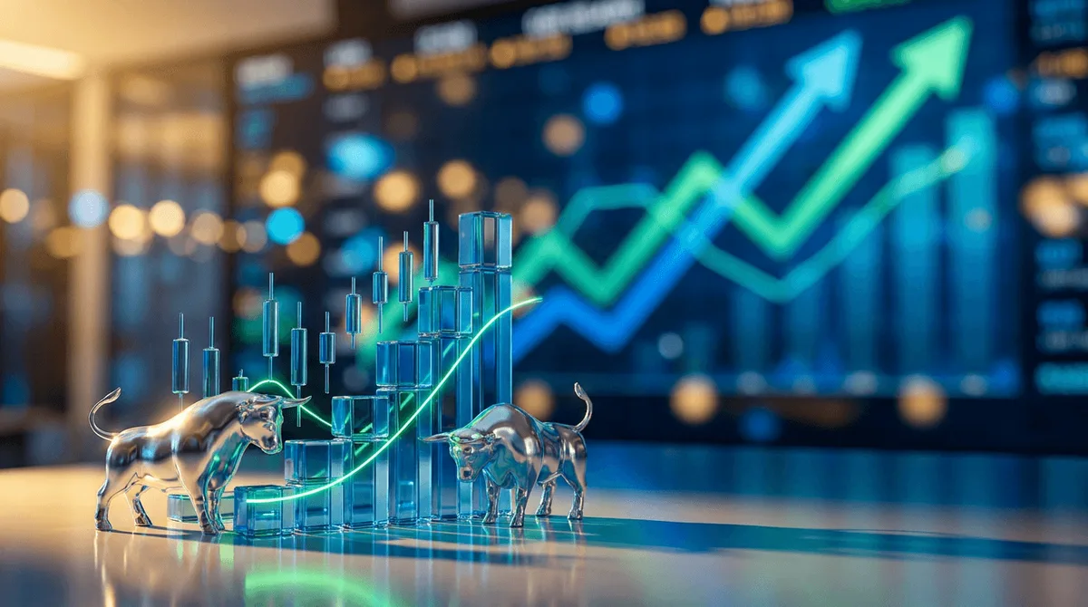 A dynamic financial trading floor or digital stock ticker board glowing with green upward arrows and rising bar charts, dominated by a vibrant blue-and-silver color palette to evoke the technology sector's leadership.