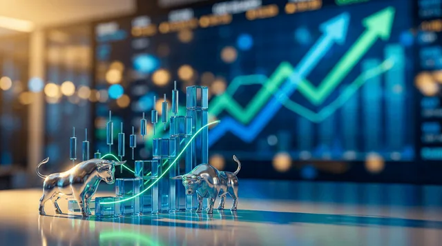 A dynamic financial trading floor or digital stock ticker board glowing with green upward arrows and rising bar charts, dominated by a vibrant blue-and-silver color palette to evoke the technology sector's leadership.