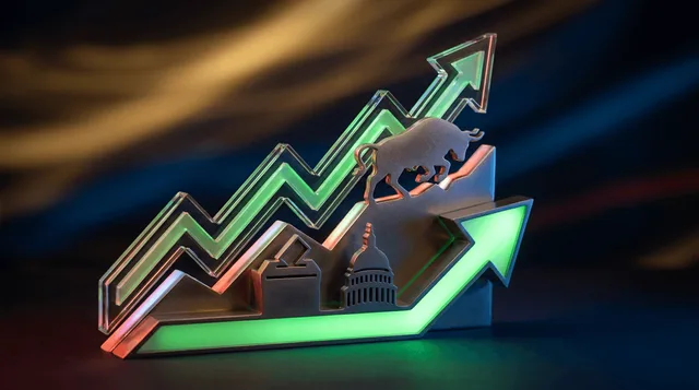 A dramatic upward-trending stock chart glowing against a dark background, with a bull silhouette breaking through the ascending line to symbolize the historically bullish midterm-election pattern.