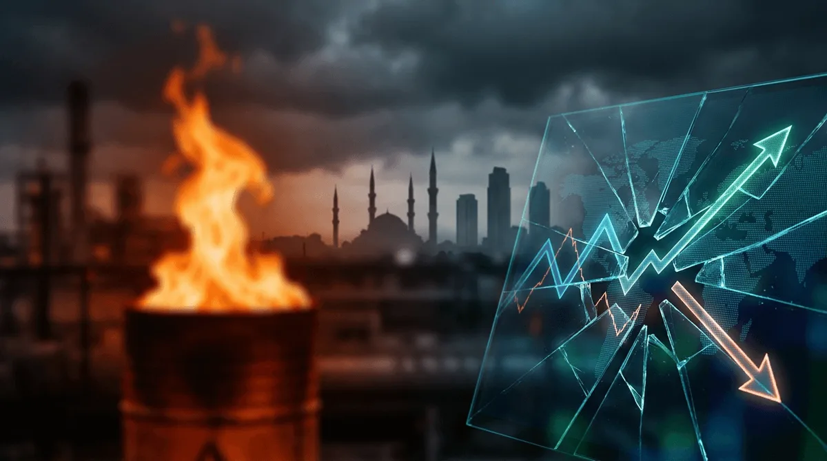 A split-screen composition showing a dramatic upward-surging oil barrel or flame on one side, bathed in deep orange and red tones, contrasted against a fractured stock market graph with diverging arrows on the other side.