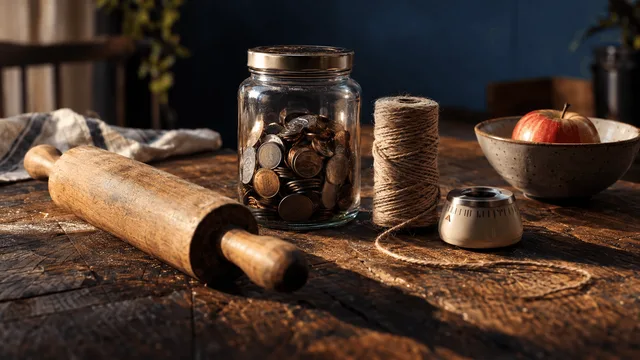 A sturdy wooden rolling pin and a jar of coins rest on a weathered butcher-block table beside a spool of twine and a small rotary egg timer counting down.