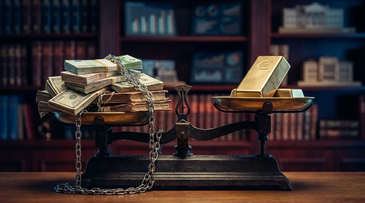A split-scale balance or seesaw with stacks of coins and cash on one side representing debt, and a solid gold bar or equity symbol on the other, set against a clean financial backdrop.