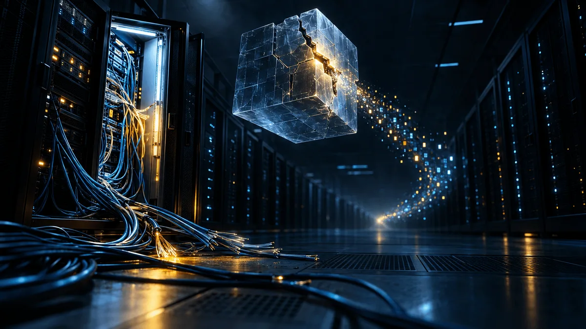Dark server room with a cracked glowing vault-like structure leaking streams of light, severed fiber-optic cables, and cold blue light spilling from an open data rack, symbolizing a major digital security breach.