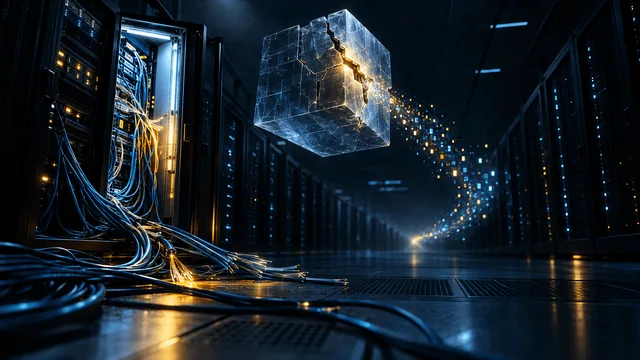 Dark server room with a cracked glowing vault-like structure leaking streams of light, severed fiber-optic cables, and cold blue light spilling from an open data rack, symbolizing a major digital security breach.