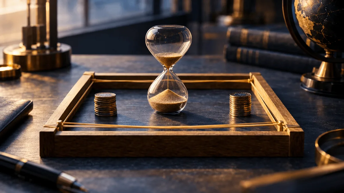 A four-sided wooden picture frame laid flat on a drafting table, its inner border lined with rubber bands stretched evenly on all sides to form a taut rectangle, suggests a contained range held under tension.