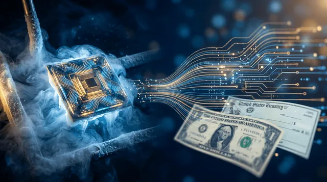 A dramatic split image showing a glowing quantum computer chip suspended in an icy, deep-space blue environment, surrounded by swirling frost and cryogenic vapor to represent the extreme cold required for quantum computing.