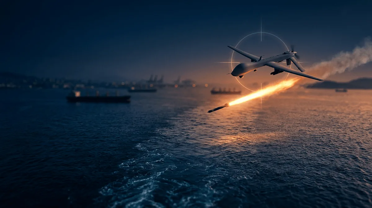 A tense aerial scene over the dark blue waters of the Strait of Hormuz at dusk, showing a matte-gray MQ-1 Predator drone caught mid-flight in the crosshairs of a fiery anti-air missile trail streaking up from below.