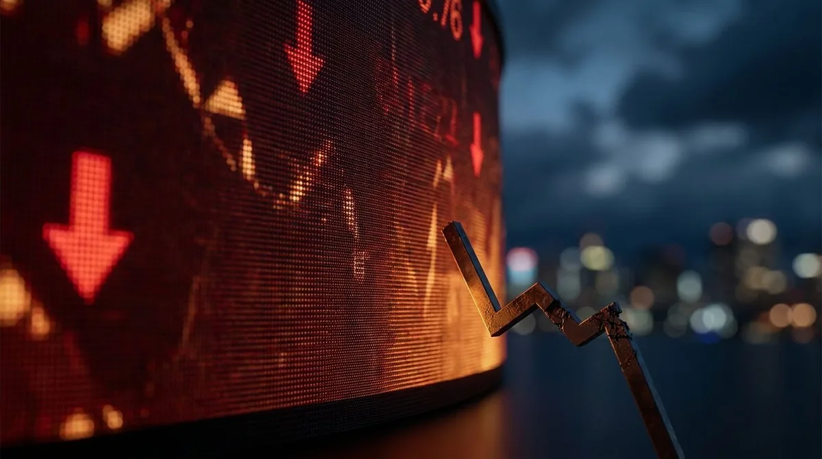 A dramatic close-up of a stock market ticker board or digital trading screen displaying red downward arrows and falling numbers, bathed in a tense red and amber glow.