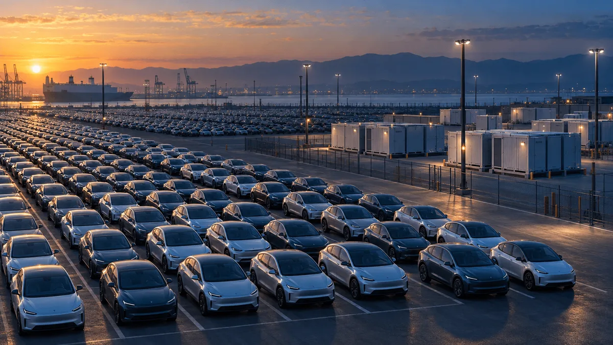 Elevated view of a large logistics yard filled with rows of electric vehicles at dusk, with a smaller adjacent area of battery storage units under gantry lighting.