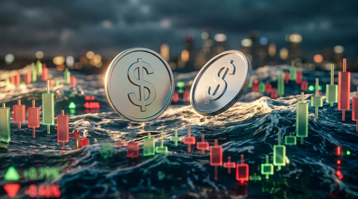 A split composition showing two gleaming silver coins side by side, each embossed with the dollar sign, hovering above a turbulent ocean of red and green crypto candlestick charts.