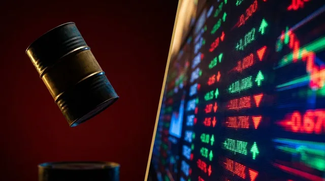 A dramatic split-scene image showing a plummeting oil barrel or crude oil droplet in freefall against a dark red background on one side, contrasted with a stock market ticker board displaying mixed arrows on the other.