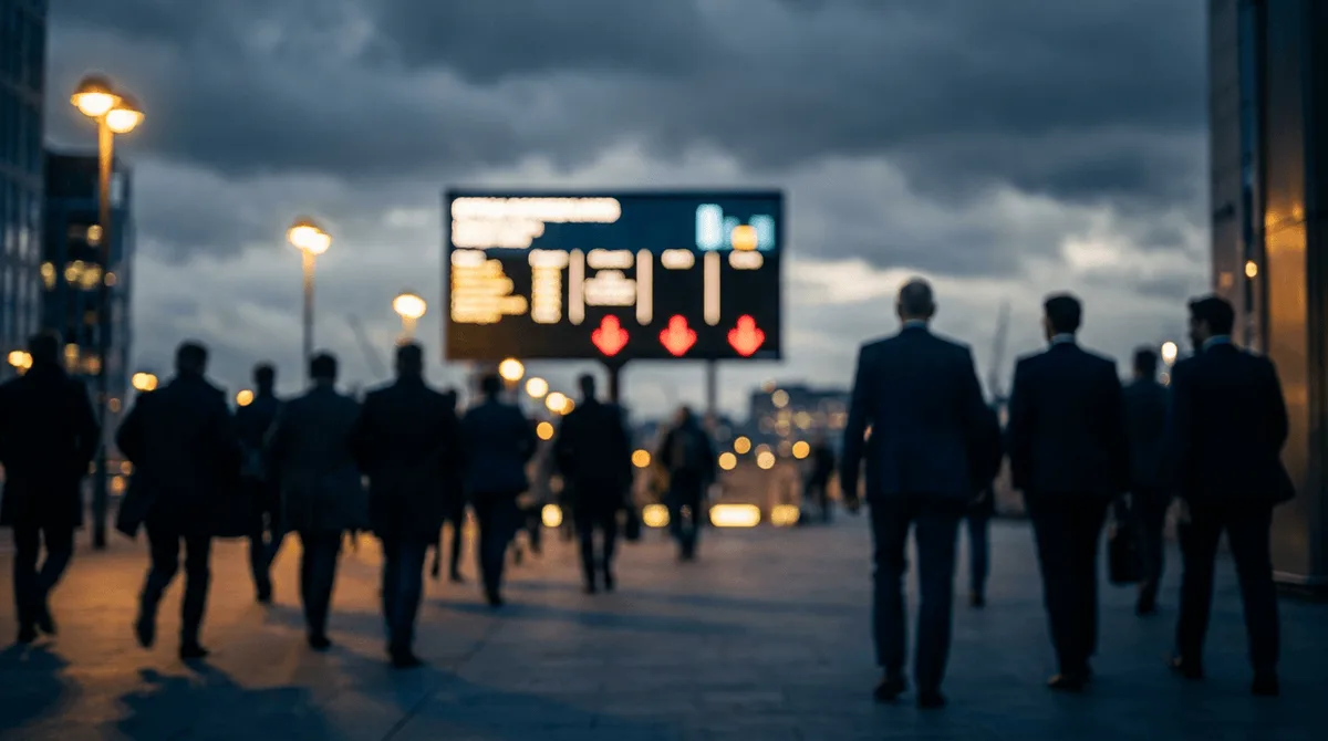 A panicked crowd of small retail investors sprinting away from a large, looming stock market ticker board showing red arrows, while shadowy, composed figures in suits calmly walk in the opposite direction toward it. The contrast between the fleeing masses and the confident "smart money" figures immediately captures the article's core tension. A dramatic, stormy sky overhead reinforces the sense of market uncertainty and peak bearishness.