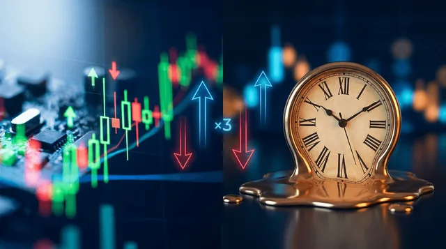 A split-screen composition showing two contrasting trading scenarios: on one side, a fast-paced digital trading dashboard with rapidly fluctuating candlestick charts in electric green and red, suggesting intraday momentum; on the other side